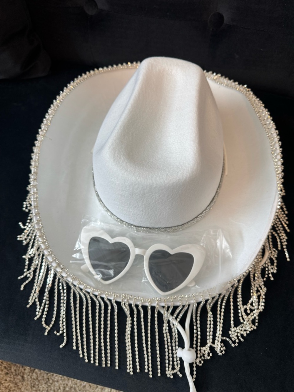 White Rhinestone Fringe Cowboy Hat with Heart Sunglasses